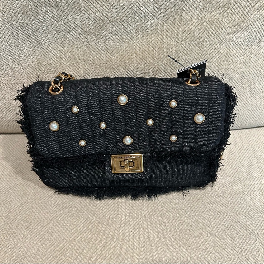 Karl Lagerfeld Paris agyness stud fringe trim black bag LH2HG283